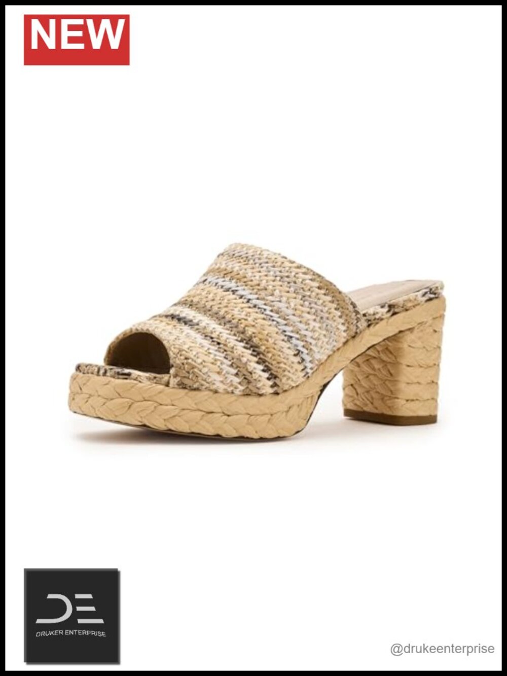 Raffia Block Heel Slide Sandals Padded Footbed Women's